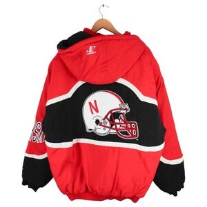 Vintage Logo Athletic Nebraska Cornhuskers Puffer Jacket Hooded Red Black XL